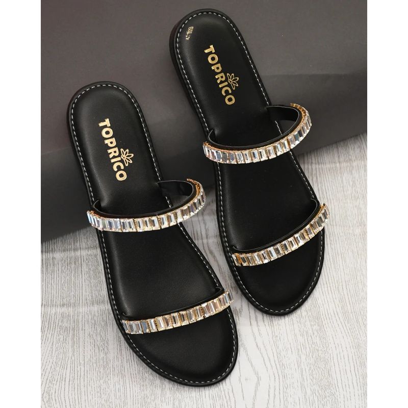Toprico Two Strap Beads Embellished Black Flats (EURO 36)