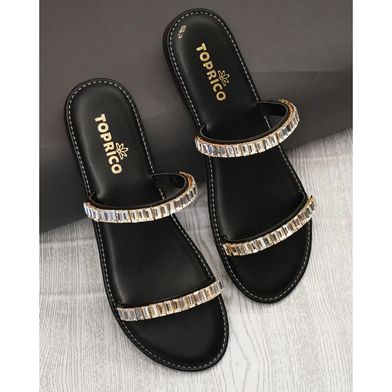 Toprico Two Strap Beads Embellished Black Flats (EURO 37)