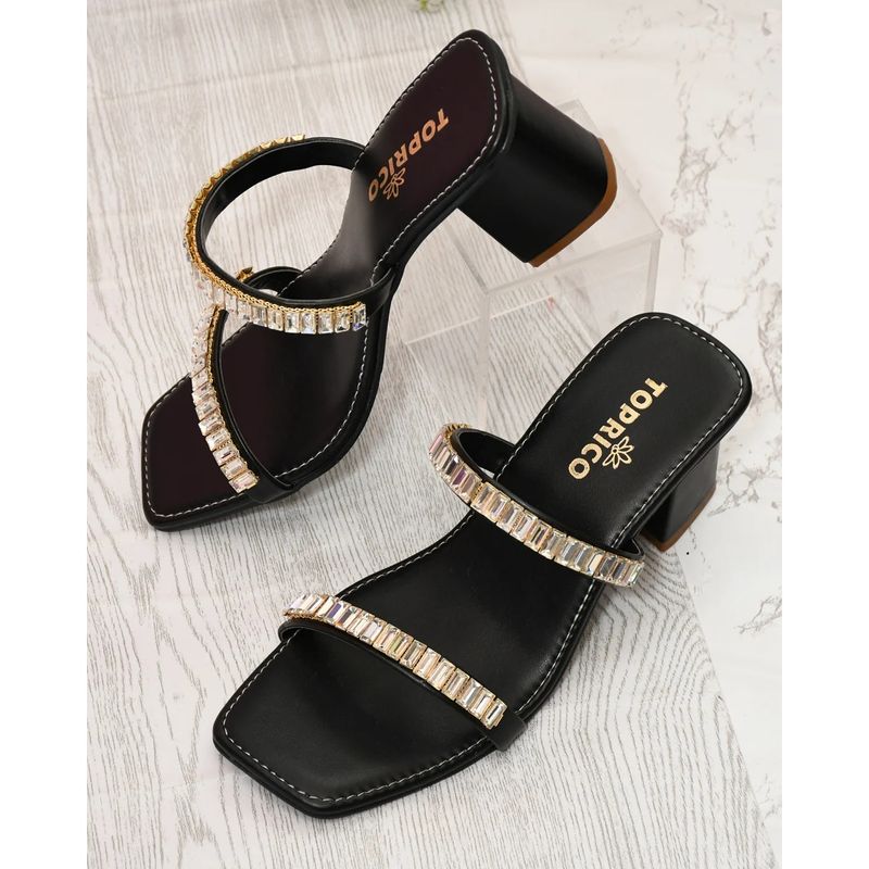 Toprico Two Strap Beads Embellished Black Heel Sandals (EURO 35)