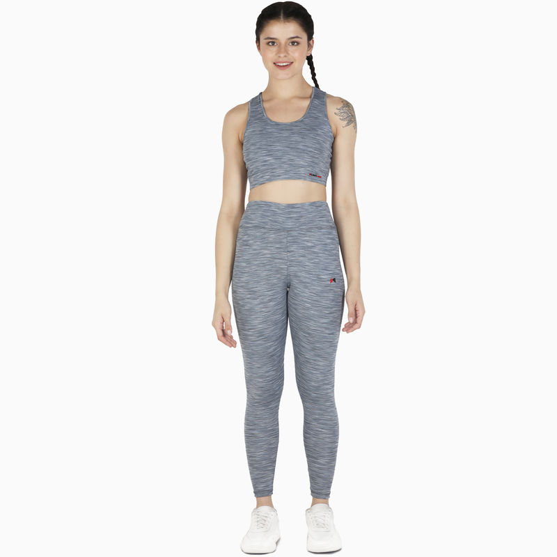 MuscleTorque Gym/Yoga High Waist Melange Tight With Sports Bra Set- Melange Grey (S)