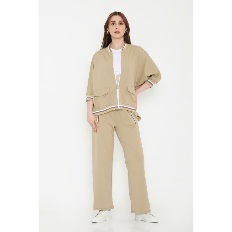 Tuna London Beige Zipped Long Jacket with Track Pant (XS)