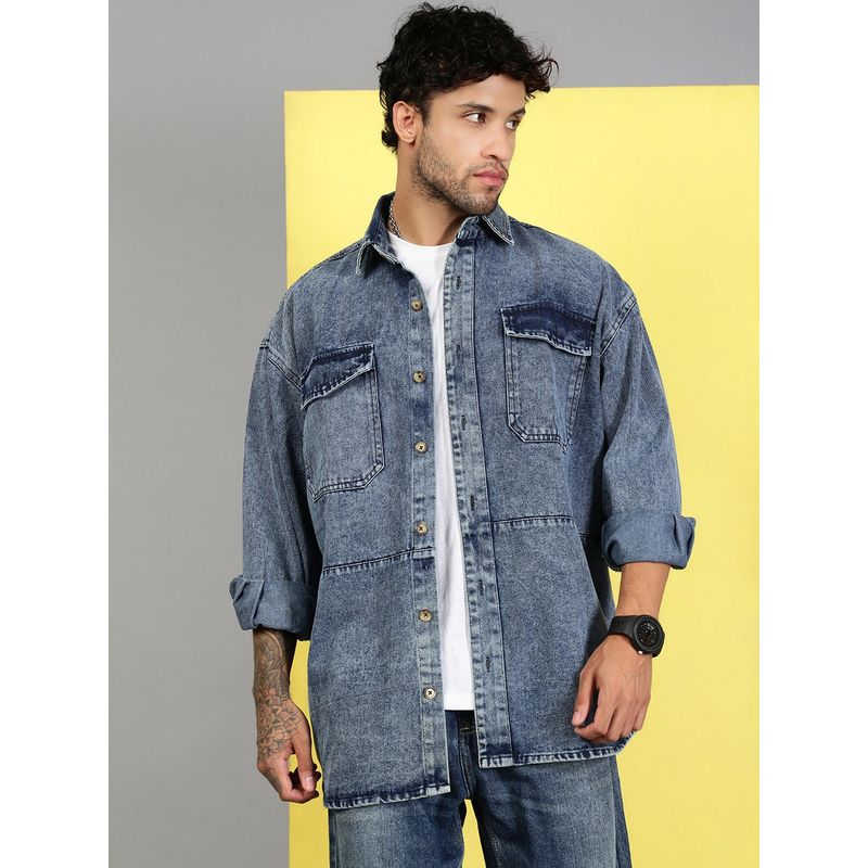 Voxati Men Blue Denim Oversized Fit Solid Shirt (S)
