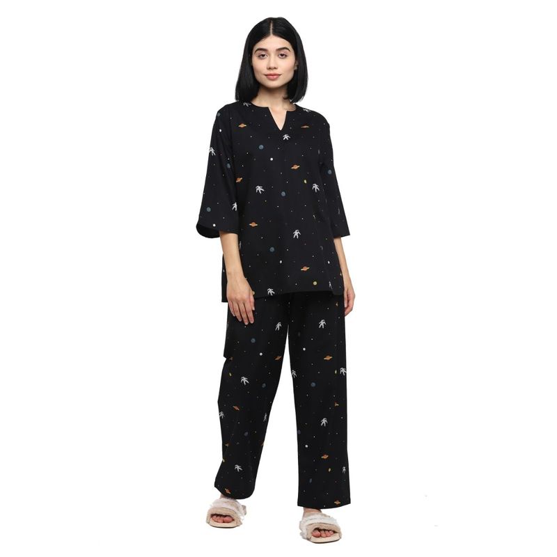 Shopbloom Premium Cotton Space Print V Neck Long Sleeve Women's Night Suit - Black (XS)