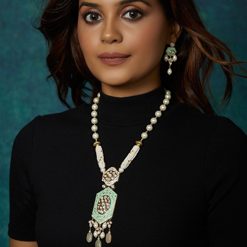 Buy Joules By Radhika Green Enamelled and White Pearl Necklace Set Online