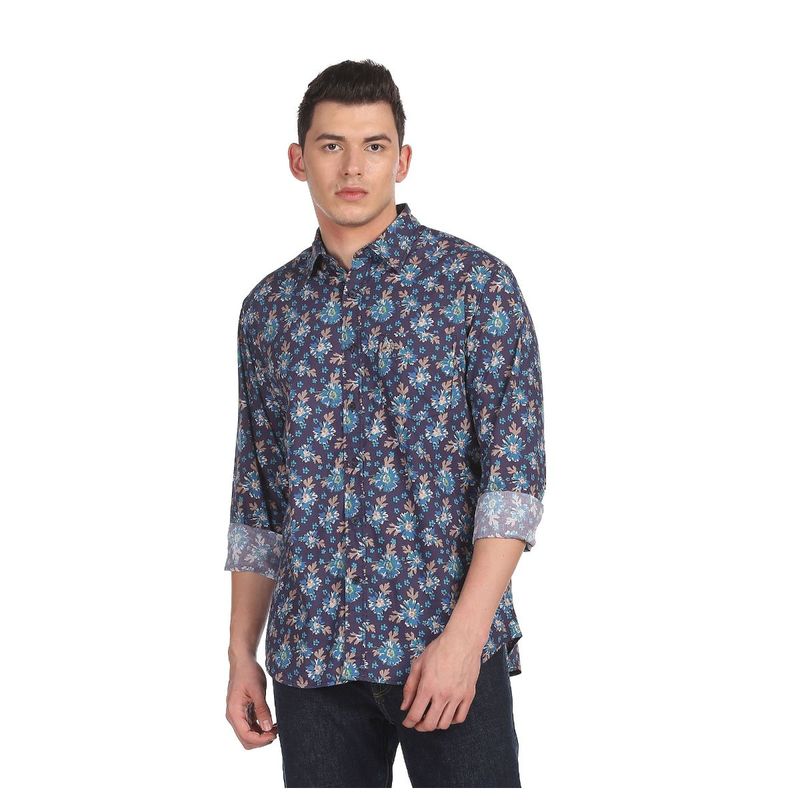 U.S. POLO ASSN. Men Indigo Spread Collar Floral Print Casual Shirt (40)