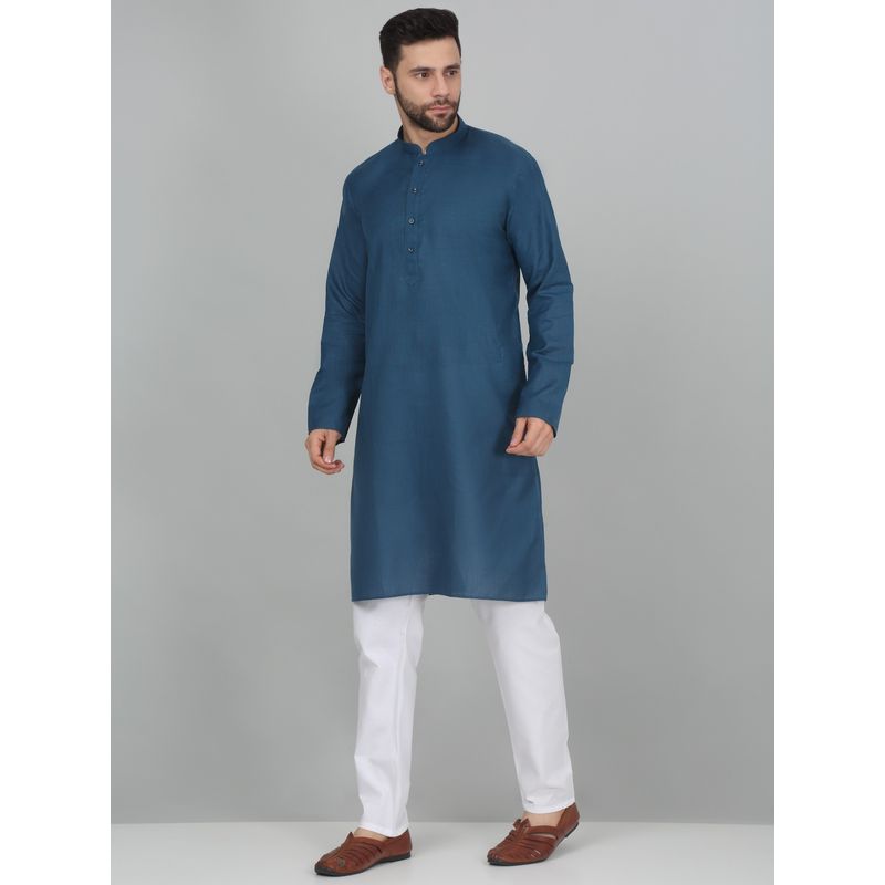 Kraft India Cotton Blend Solid Denim Blue Kurta with Pyjama (36)