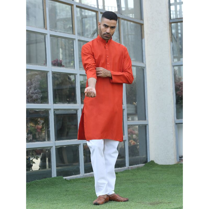 Kraft India Cotton Blend Solid Denim Orange Kurta with Pyjama (36)