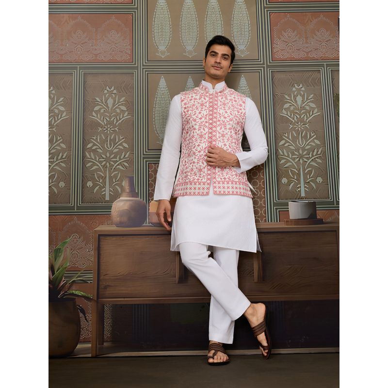 Odette Pink Cotton Blend Stitched Embroidered Kurta with Pant and Jacket (XL)