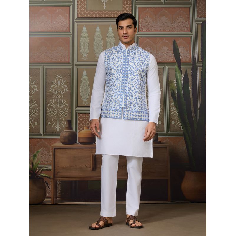 Odette Blue Cotton Blend Stitched Embroidered Kurta with Pant and Jacket (M)