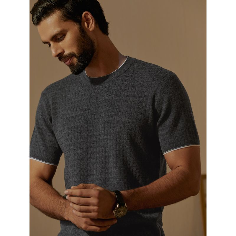 Andamen Regular Fit Grey Men's Half Sleeve Merino Wool Crew (M)