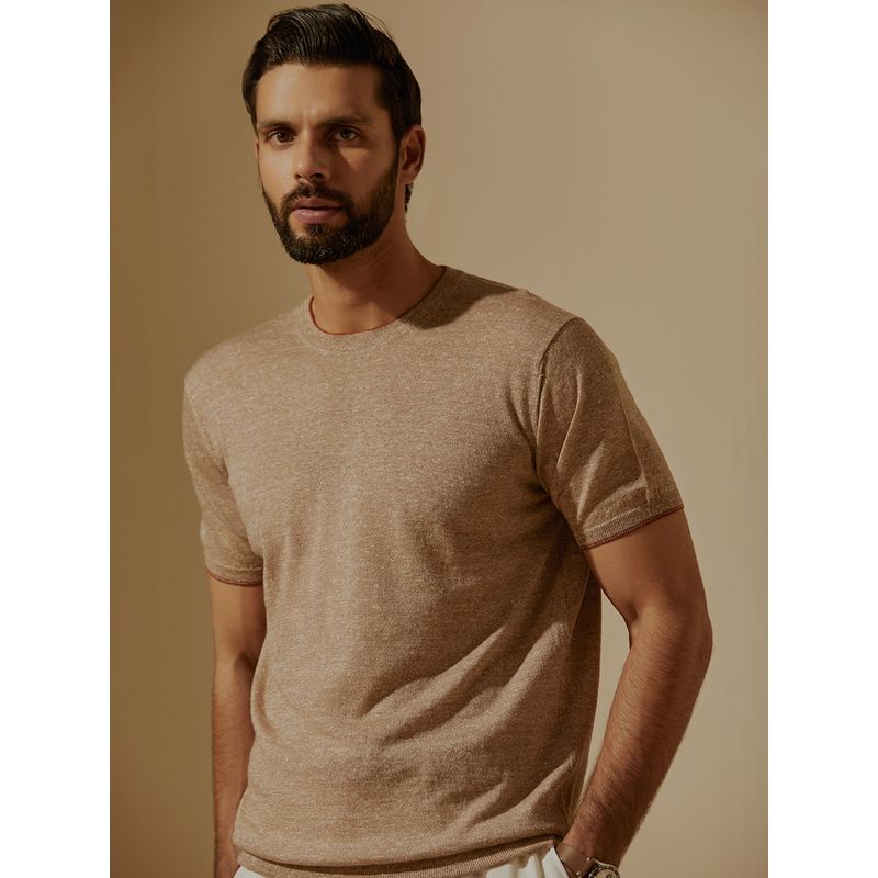 Andamen Regular Fit Khaki Men's Half Sleeve Merino Wool Linen Crew (M)