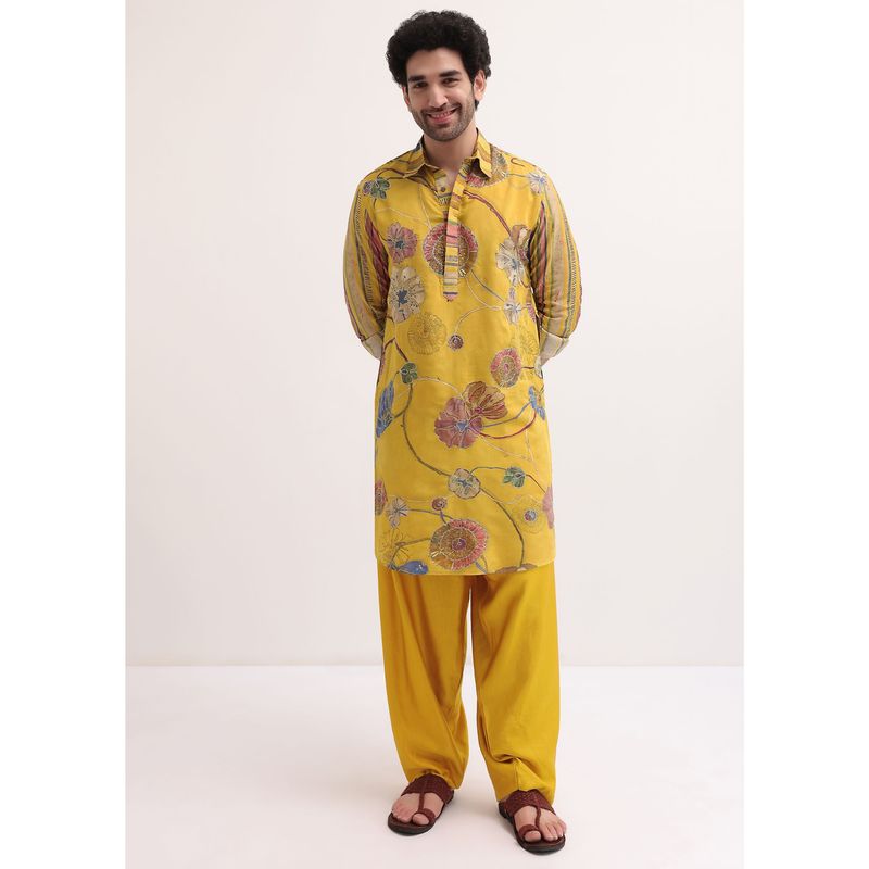 KALKI FASHION Yellow Resham Work Kurta with Patiala Salwar for Men (Set of 2) (XL)