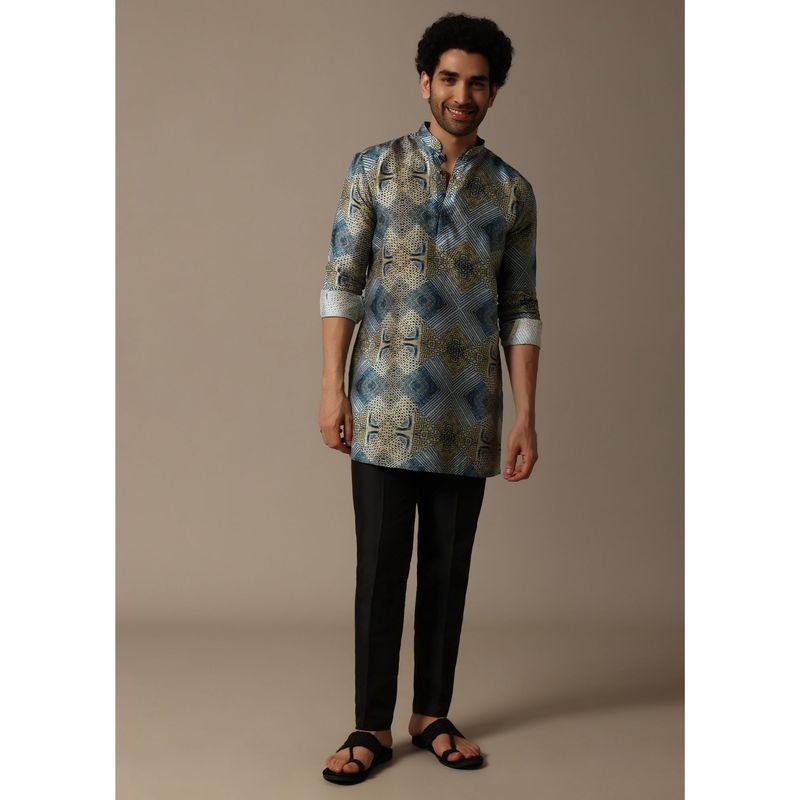 KALKI FASHION Blue Printed Silk Short Kurta with Pant for Men (Set of 2) (L)