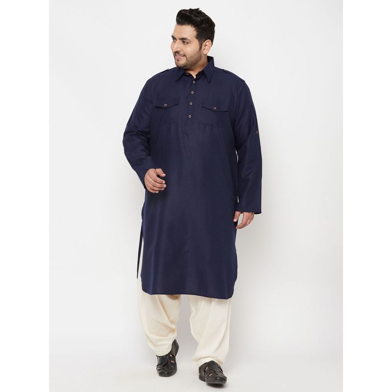 Vastramay Plus Men's Blue and Cream Cotton Blend Pathani Kurta (Set of 2) (44)
