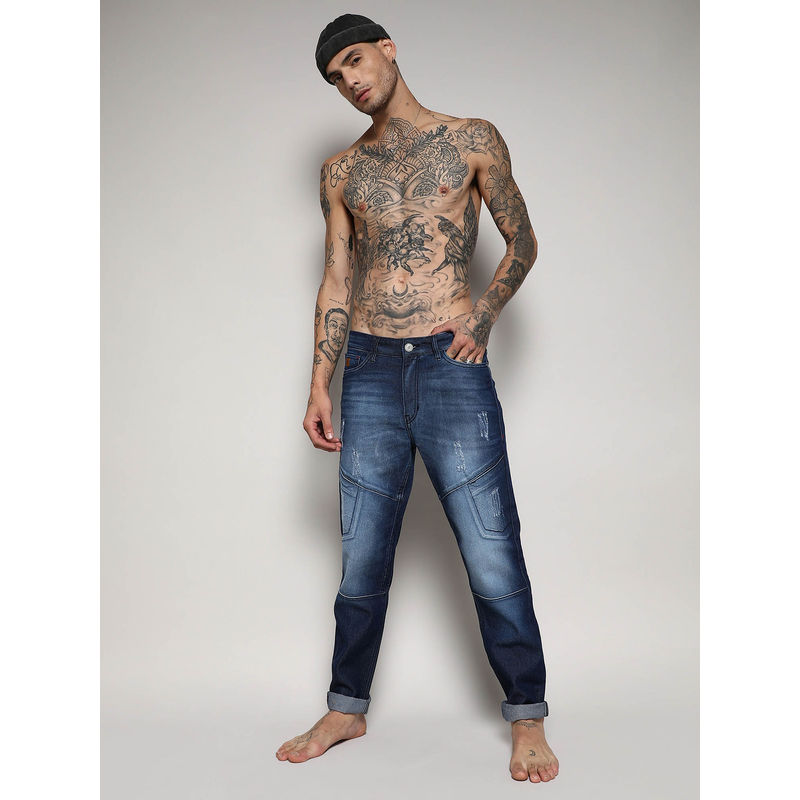 Campus Sutra Mens Navy Blue Self Design Patched Denim Jeans (30)