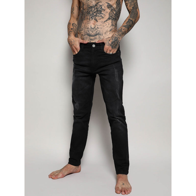 Campus Sutra Mens Black Minimal Distressed Denim Jeans (32)