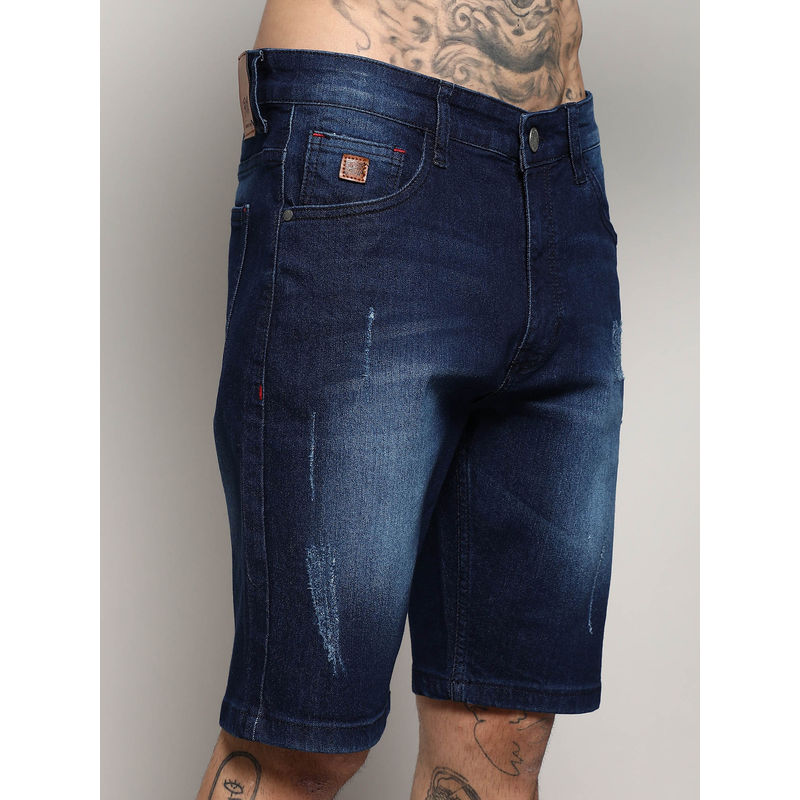 Campus Sutra Mens Navy Blue Distressed Rolled Hem Denim Shorts (34)