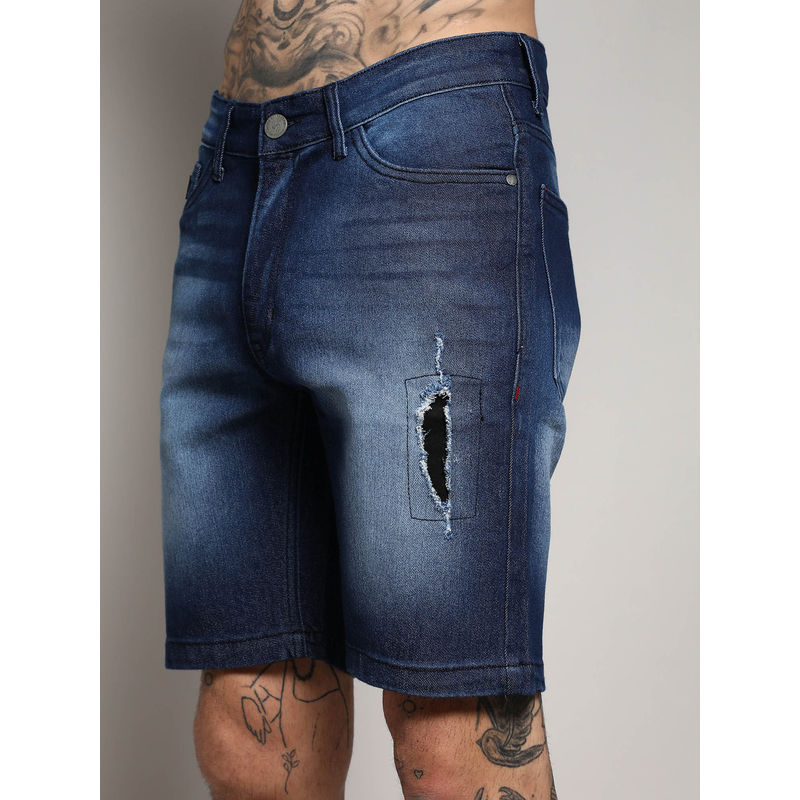 Campus Sutra Mens Navy Blue Side Distressed Denim Shorts (28)