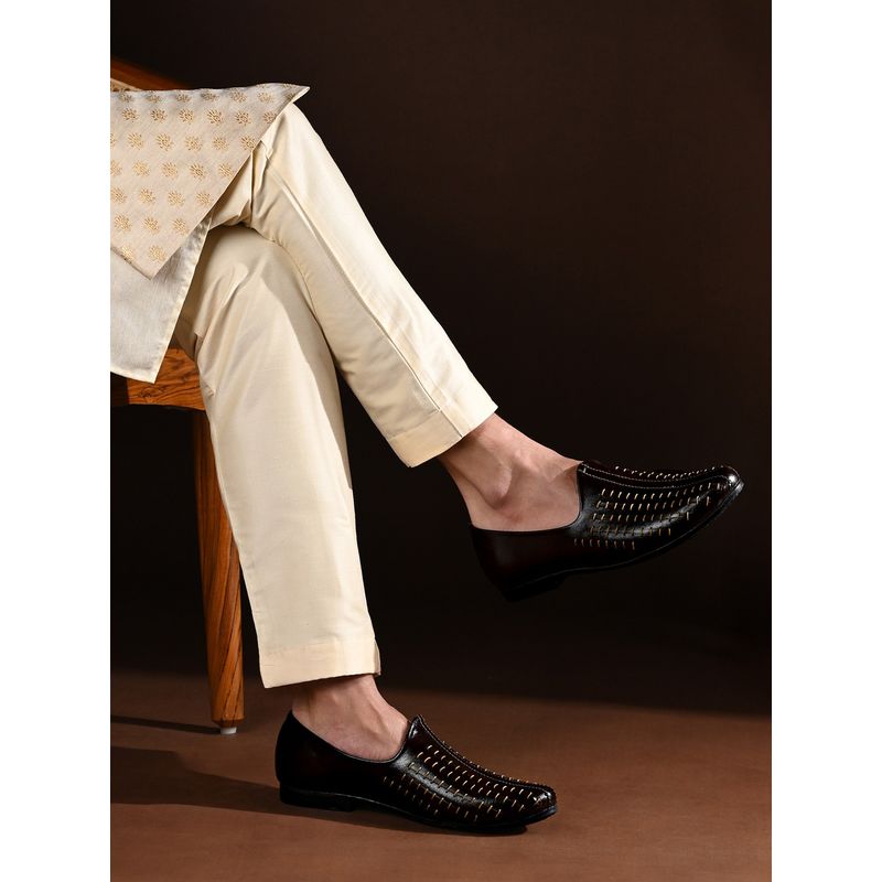 Louis Stitch Men Black Slip-On Multi-Strip Nagra Mojaris (UK 6)