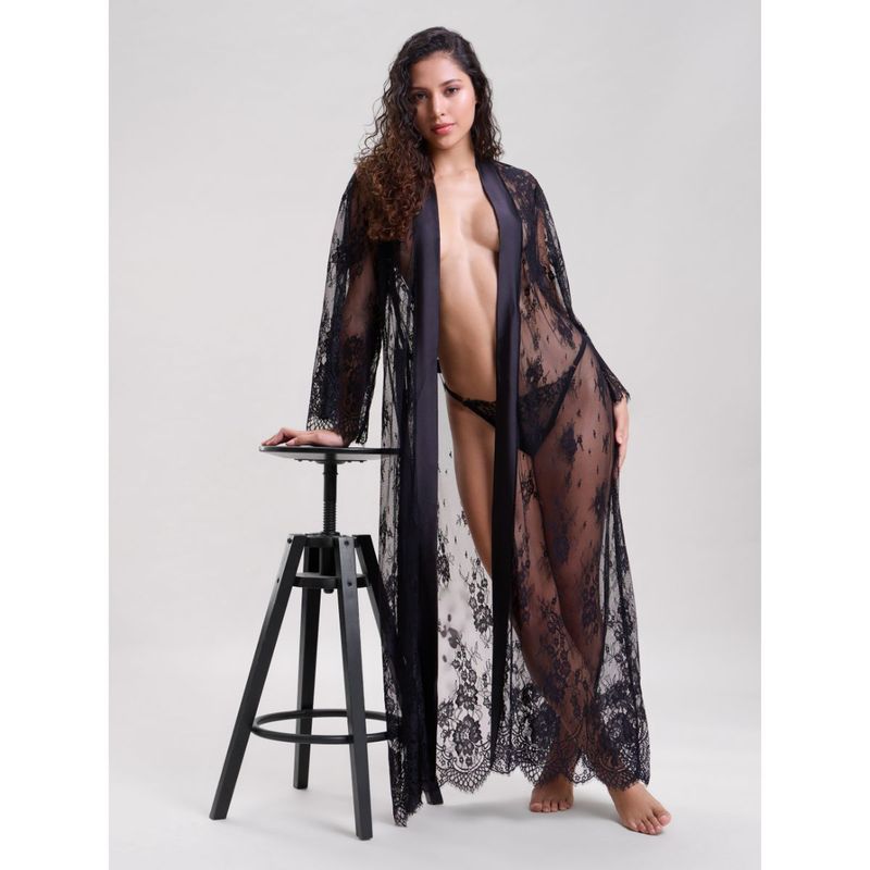 Mysthelle BLACK LACE LONG ROBE WITH THONG (S)