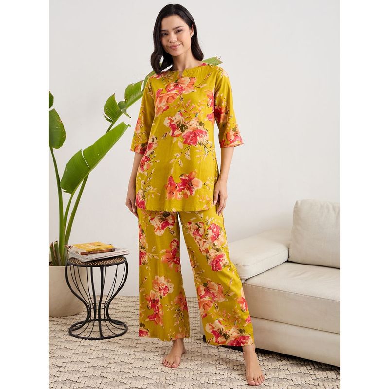 July Nightwear Cotton Mustard Long Kurti & Pyjama For Women (XL)