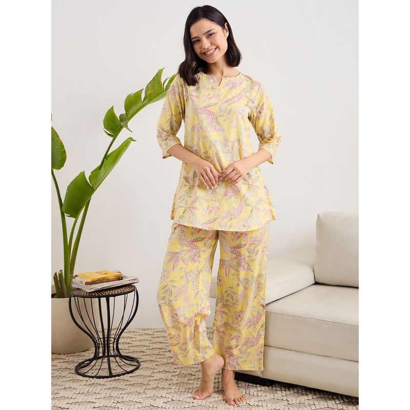 July Nightwear Cotton Yellow Long Kurti & Pyjama For Women (S)