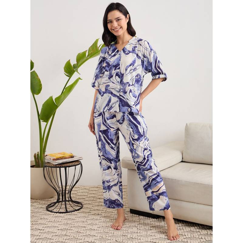 July Nightwear Cotton Blue Short Shirt and Pyjama For Women (S)