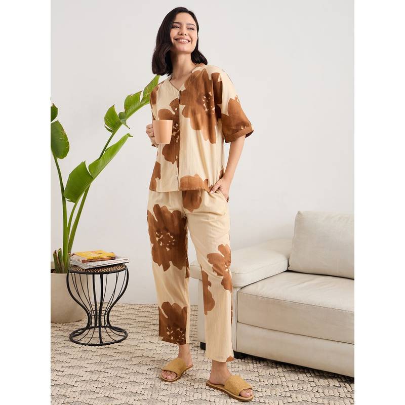 July Nightwear Cotton Brown Short Shirt and Pyjama For Women (2XL)