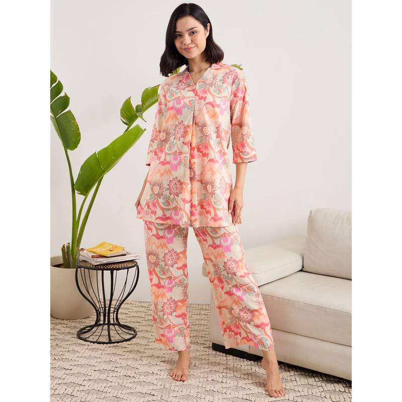 July Nightwear Cotton Orange Long Kurti & Pyjama For Women (S)