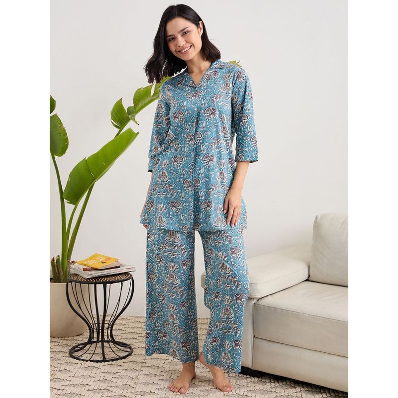 July Nightwear Cotton Blue Long Kurti & Pyjama For Women (M)