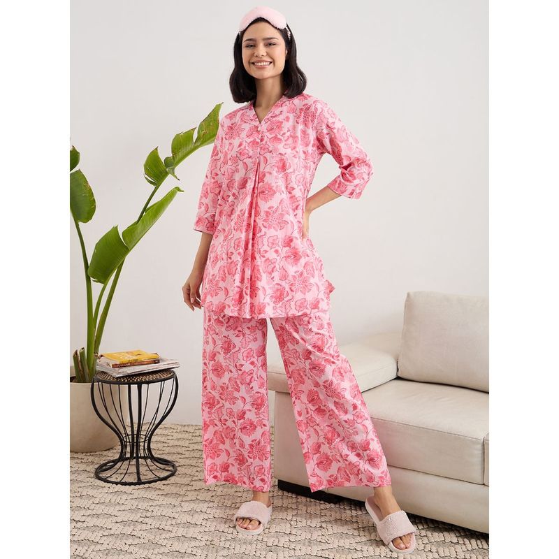 July Nightwear Cotton Pink Long Kurti & Pyjama For Women (M)