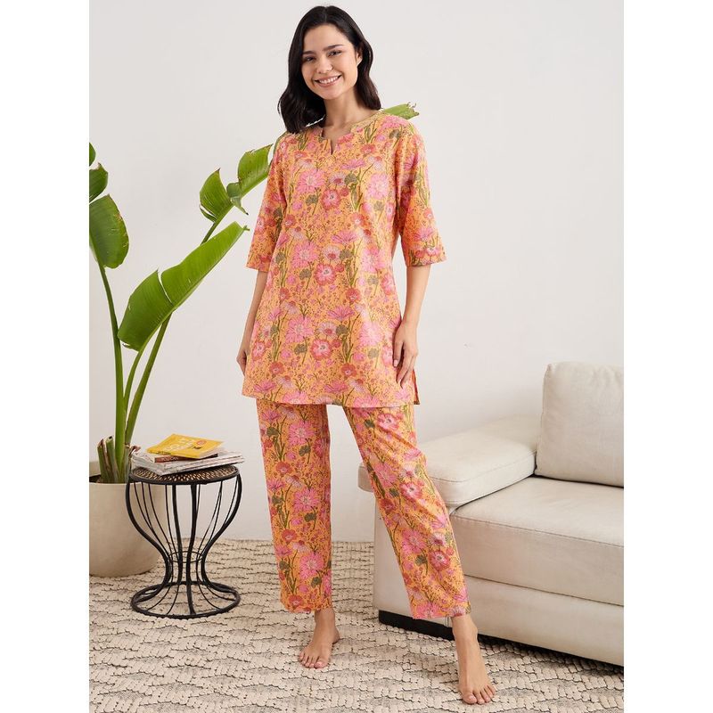 July Nightwear Cotton Orange Long Kurti & Pyjama For Women (2XL)