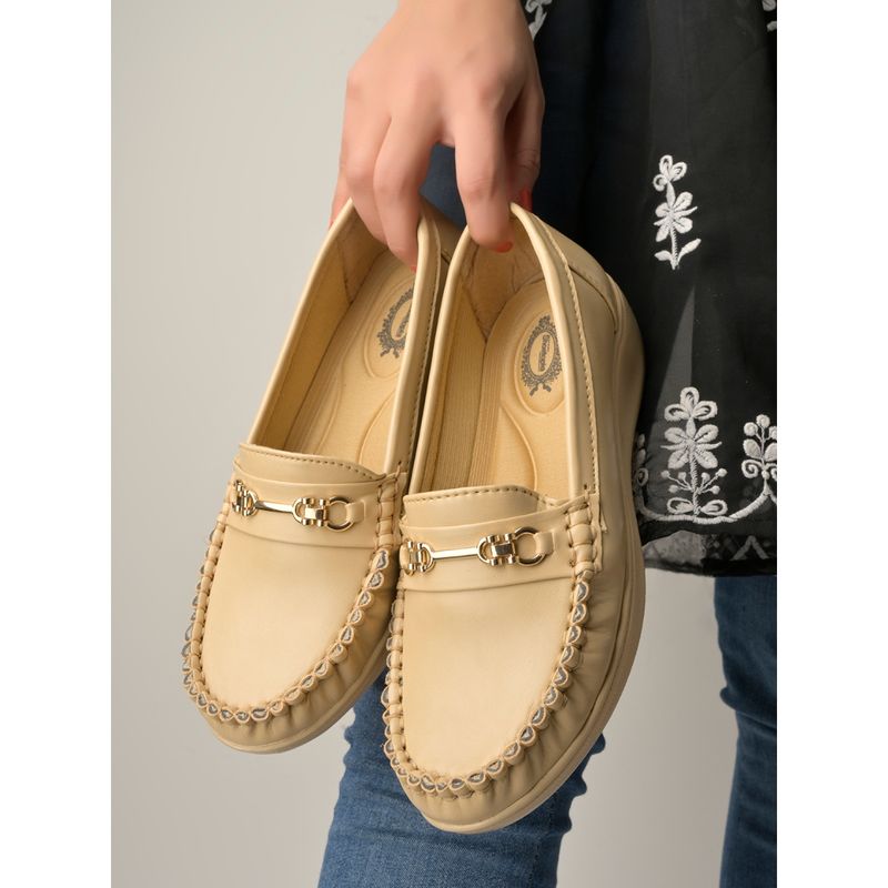 Shoetopia Women Upper Metallic Buckle Detailed Beige Loafers (EURO 40)