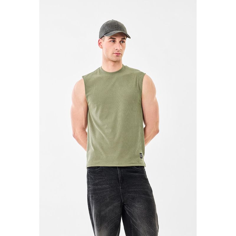 Snitch Olive Green Textured Sleeveless Slim Casual T-Shirt for Men (2XL)