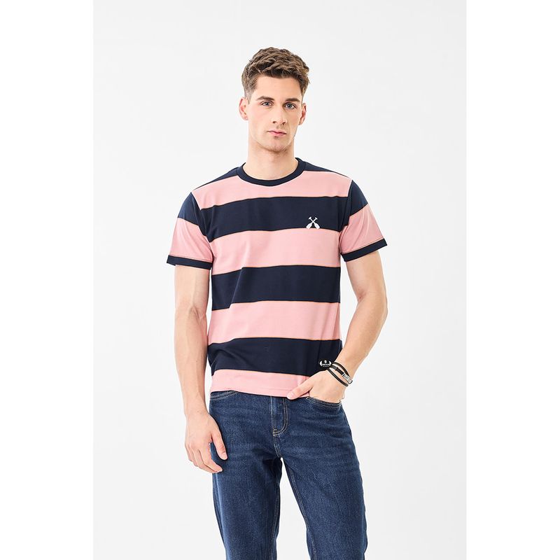 Snitch Navy Blue Stripes Half Sleeves Regular Casual T-shirt for Men (S)