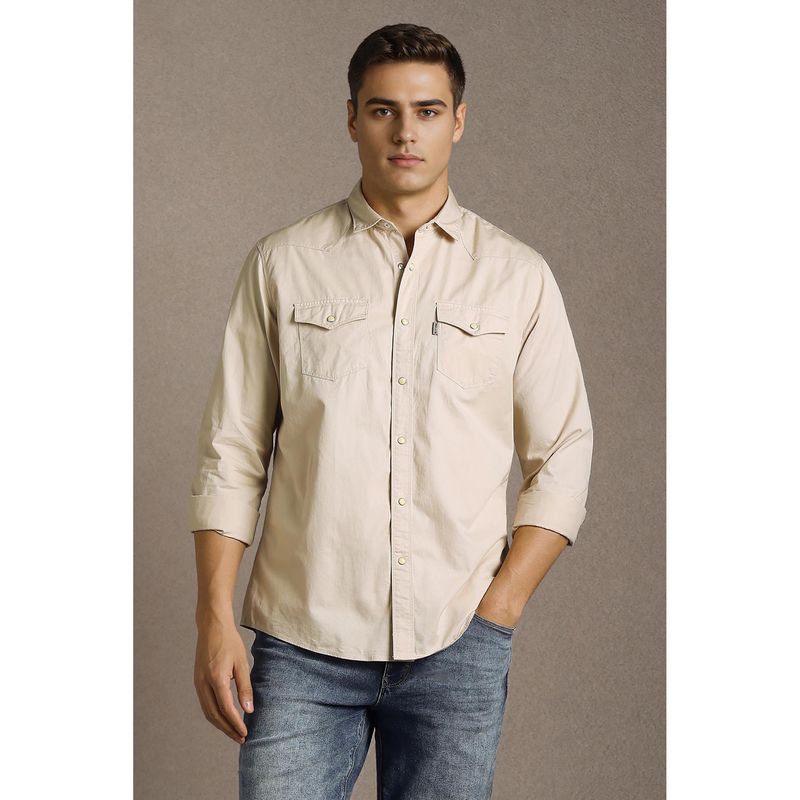 Louis Philippe Men Beige Textured Full Sleeves Formal Shacket (39)