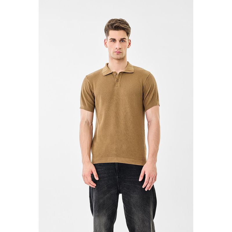 Snitch Beige Textured Half Sleeves Regular Casual Polo T-shirt for Men (M)