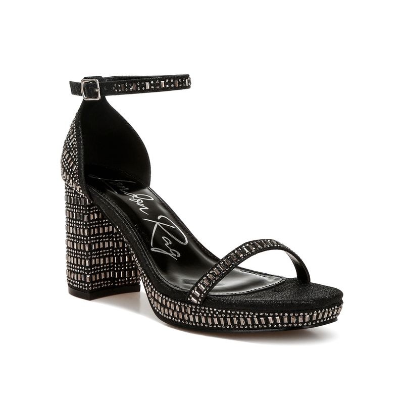 London Rag Black Rhinestones Embellished Block Sandal Heels (UK 5)
