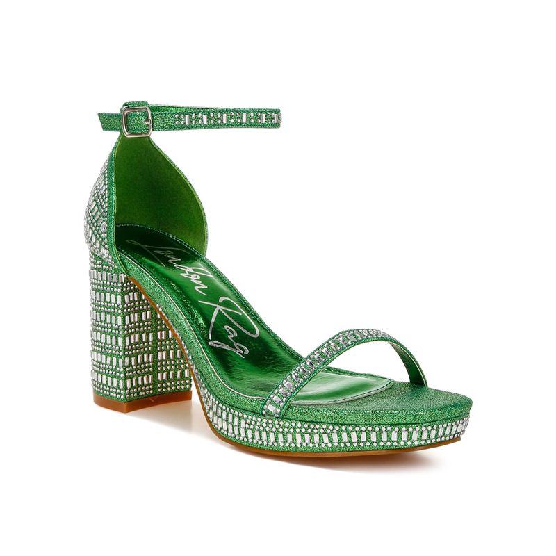 London Rag Green Rhinestones Embellished Block Sandal Heels (UK 3)