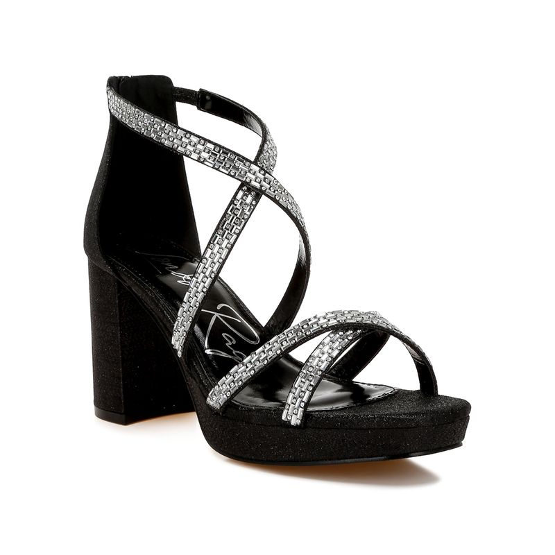 London Rag Black Rhinestones Embellished Strappy Sandal Heels (UK 4)