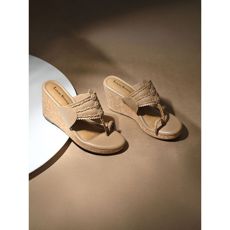 Louis Stitch Women Beige Toe Ring Lightweight Wedge Heels (UK 3)