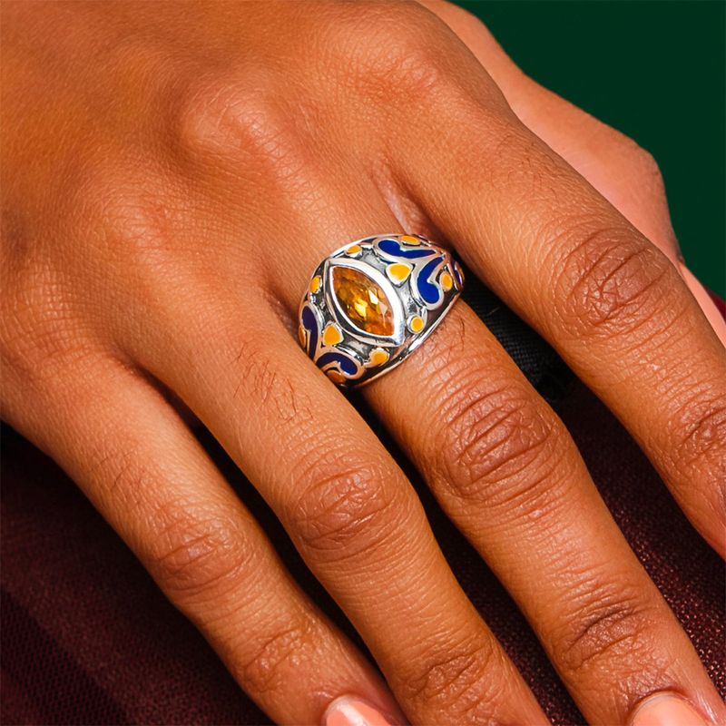 METALM Antique Oxidised Silver Ring In Yellow Citrine For Women(14)