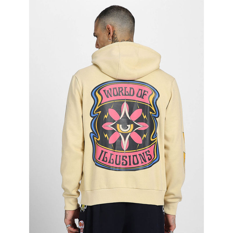 VEIRDO Mens Beige Fleece Hooded Neck Graphic Comfortable & Stylish Hoodie (S)