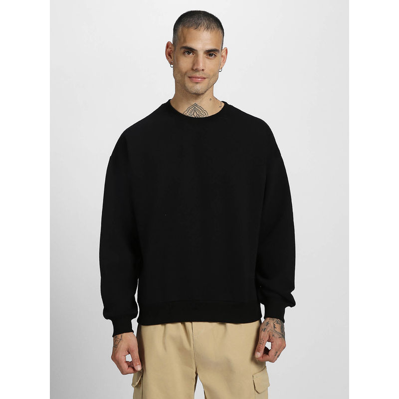 VEIRDO Mens Oversize Black Fleece Crew Neck Solid Comfortable & Stylish Sweatshirt (L)