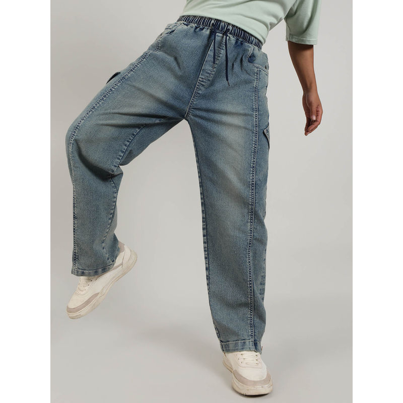 Campus Sutra Mens Steel Blue Acid-Wash Baggy Denim Jeans (32)