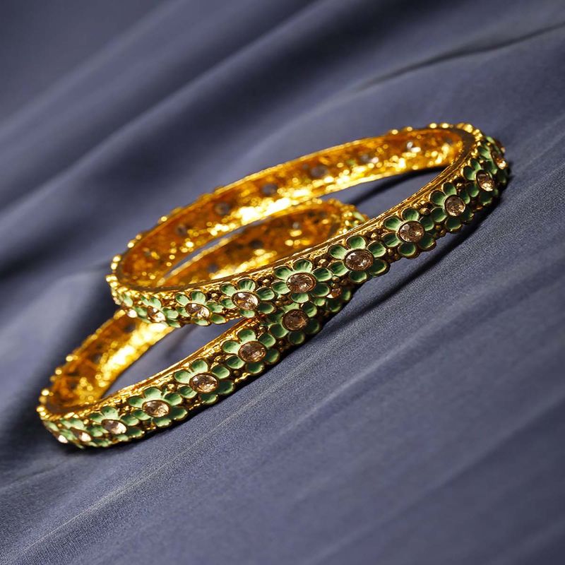 Priyaasi Gold Plated Green Flower Shaped Bangles (2.6)