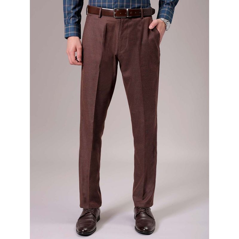 The Indian Garage Co Men Brown Regular Fit Solid Mid-Rise Stretchable Formal Trouser (32)