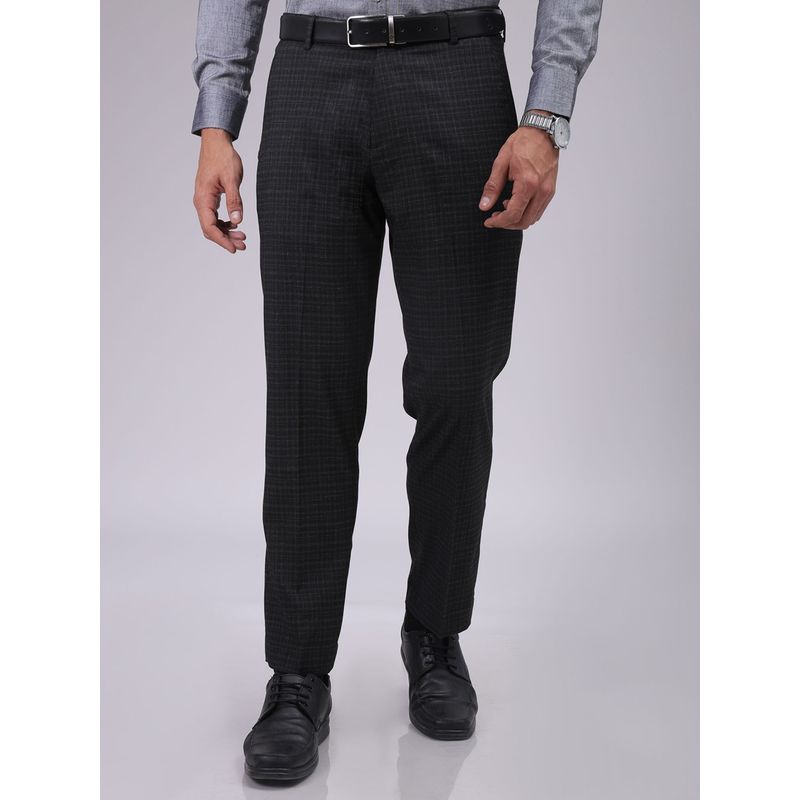 The Indian Garage Co Men Black Regular Fit Checks Mid-Rise Stretchable Formal Trouser (34)