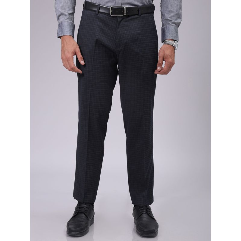 The Indian Garage Co Men Grey Regular Fit Checks Mid-Rise Stretchable Formal Trouser (30)