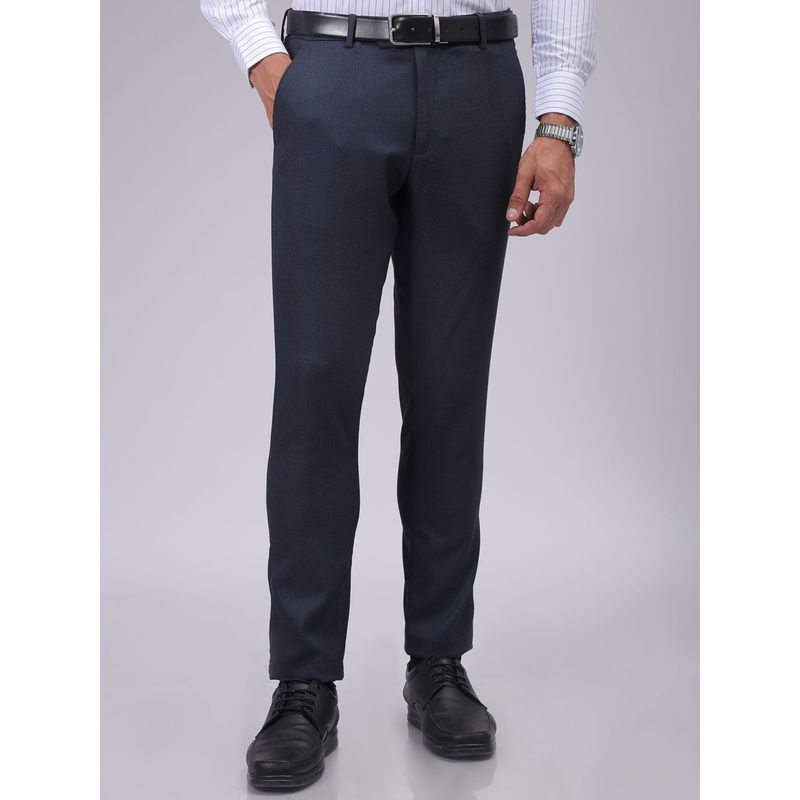The Indian Garage Co Men Navy Blue Slim Fit Solid Mid-Rise Stretchable Formal Trouser (32)